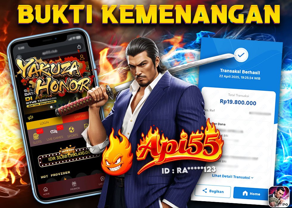 Bukti kemenangan Rp19.800.000 di game Yakuza Honor oleh member ID RA123 di situs Api55