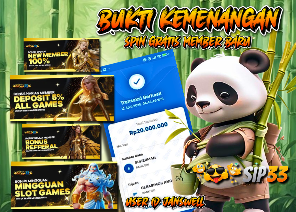 Bukti kemenangan Rp20 juta spin gratis member baru di situs slot online SIP33 ID JANSWELL.

