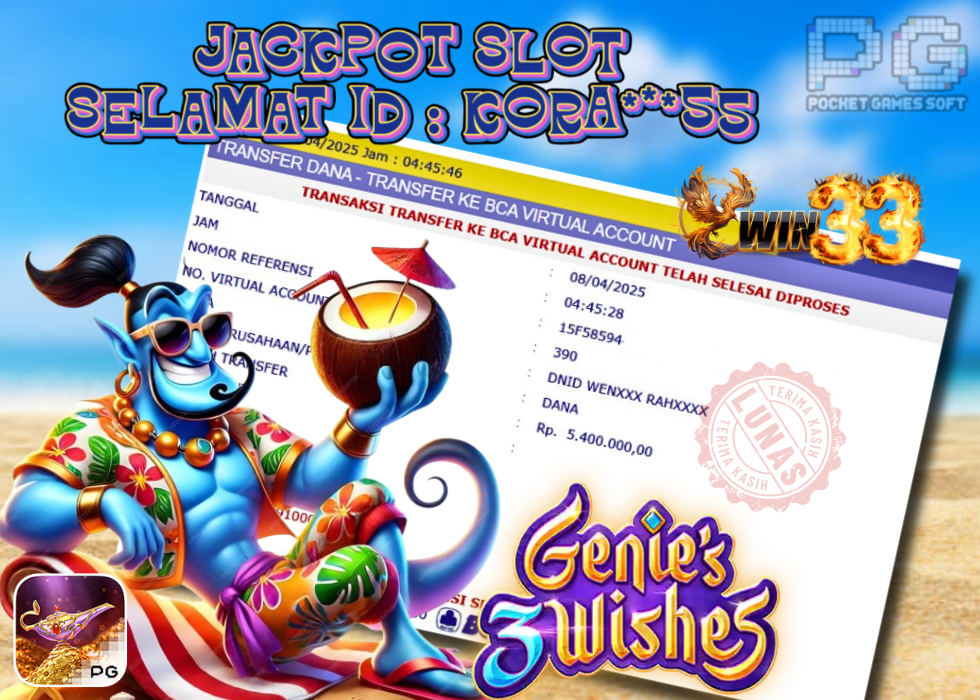 Ilustrasi kemenangan Genie's 3 Wishes PGSoft oleh member Win33