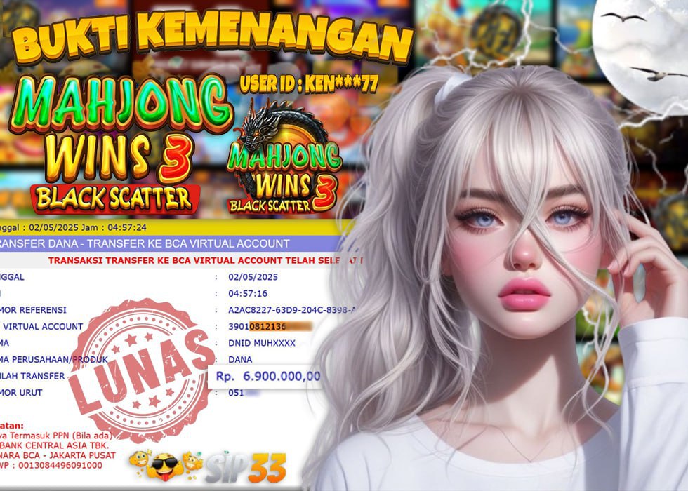 KEN***77 menang besar Mahjong Wins di Sip33, bukti transfer Rp6,9 juta

