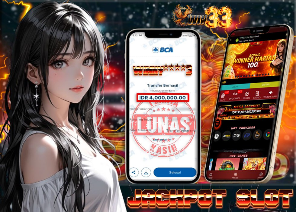 Bukti transfer menang slot WIN33 Rp4 juta dari ID WIN****3
