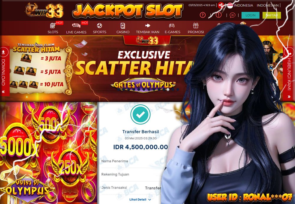 Kemenangan Rp4.500.000 ID Ronal**07 dari Gates of Olympus di Win33